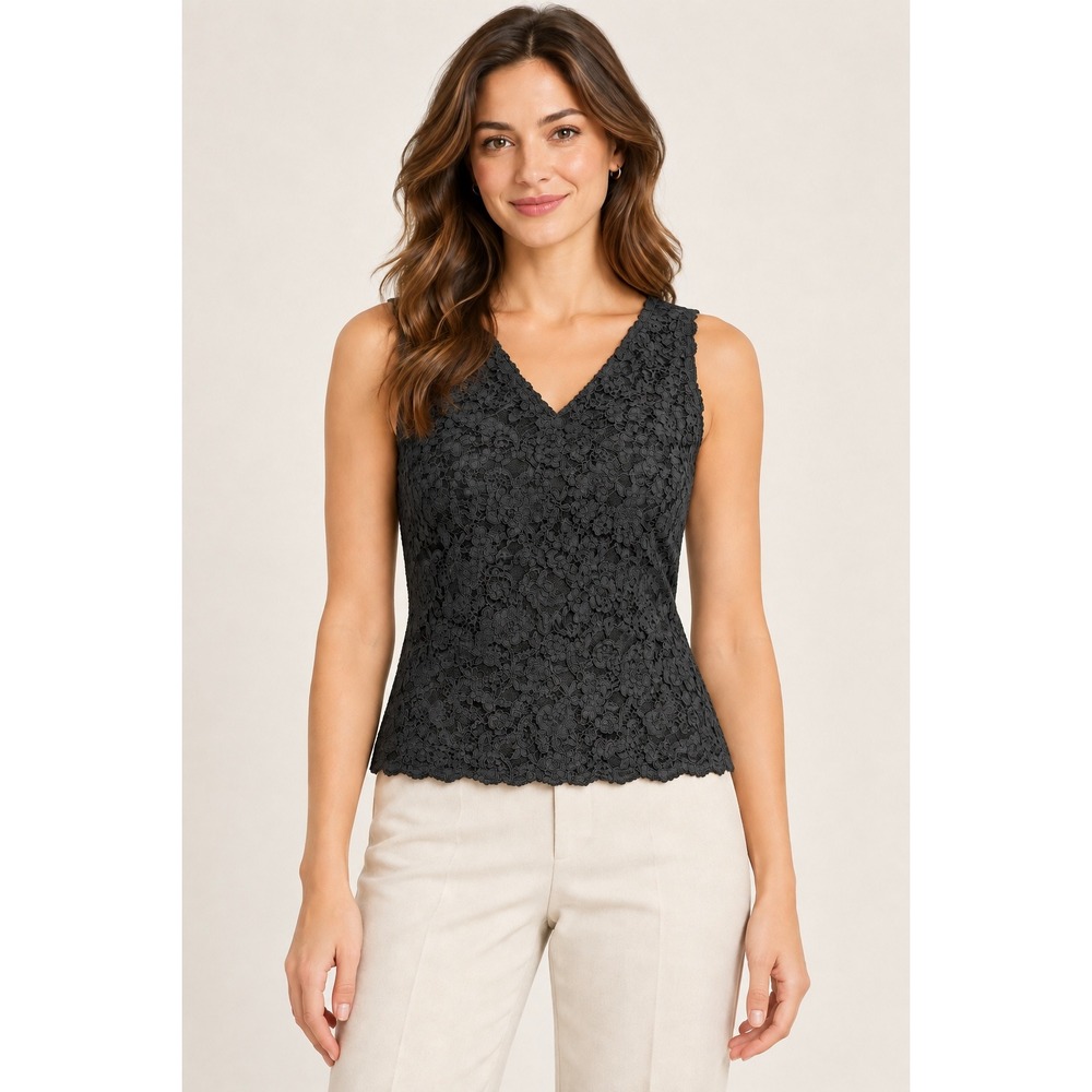 Lauren Ralph Lauren Black Lace V-Neck Sleeveless Top Tank Size L Floral Overlay